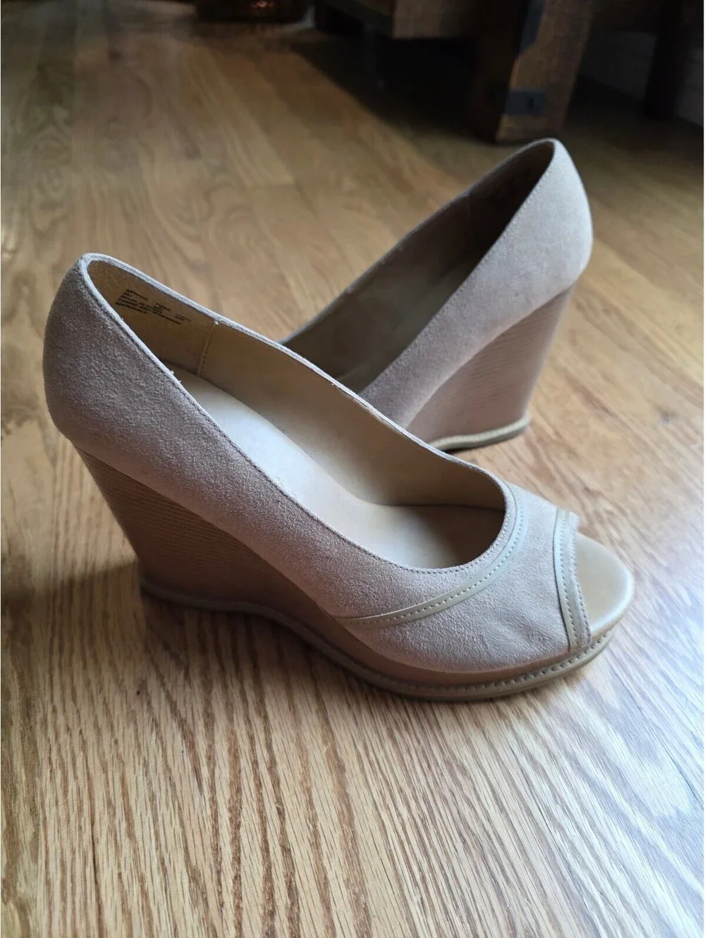 Apostrophe Tan Suede Peep Toe Stacked Wood Wedge Heel Platform Pumps